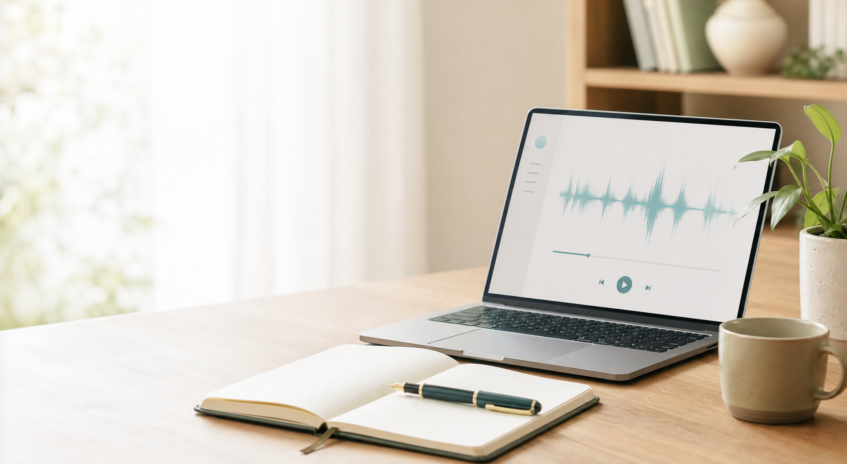 Bright online lesson setup with a laptop, notebook, and audio waveform